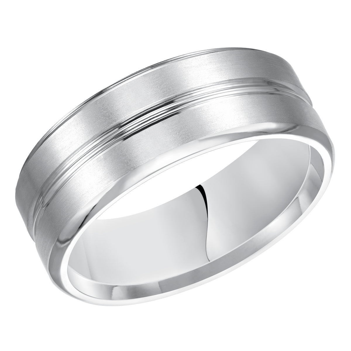 Refreshing and crisp, this Comfort Fit wedding band is enhanced with a brushed finish, sleek lines and beveled edge