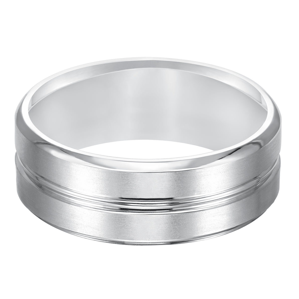 Refreshing and crisp, this Comfort Fit wedding band is enhanced with a brushed finish, sleek lines and beveled edge