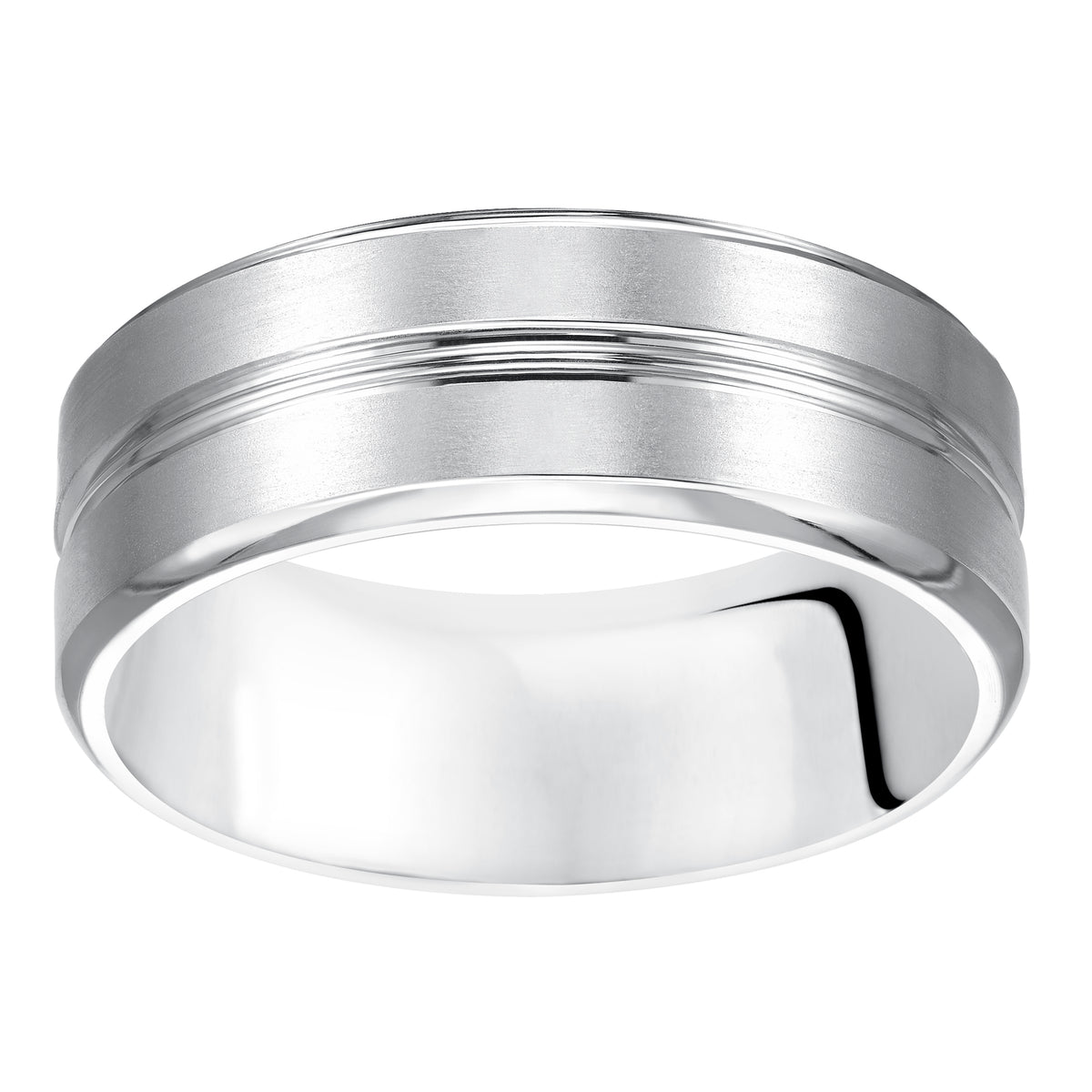 Refreshing and crisp, this Comfort Fit wedding band is enhanced with a brushed finish, sleek lines and beveled edge