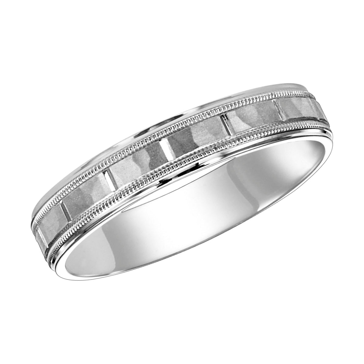 This Comfort Fit wedding band features a satin hammer finish with vertical cuts and milgrain for a modern fusion of traditional details  Please note hand hammered styles will have slight variations due to the nature of the manufacturing process