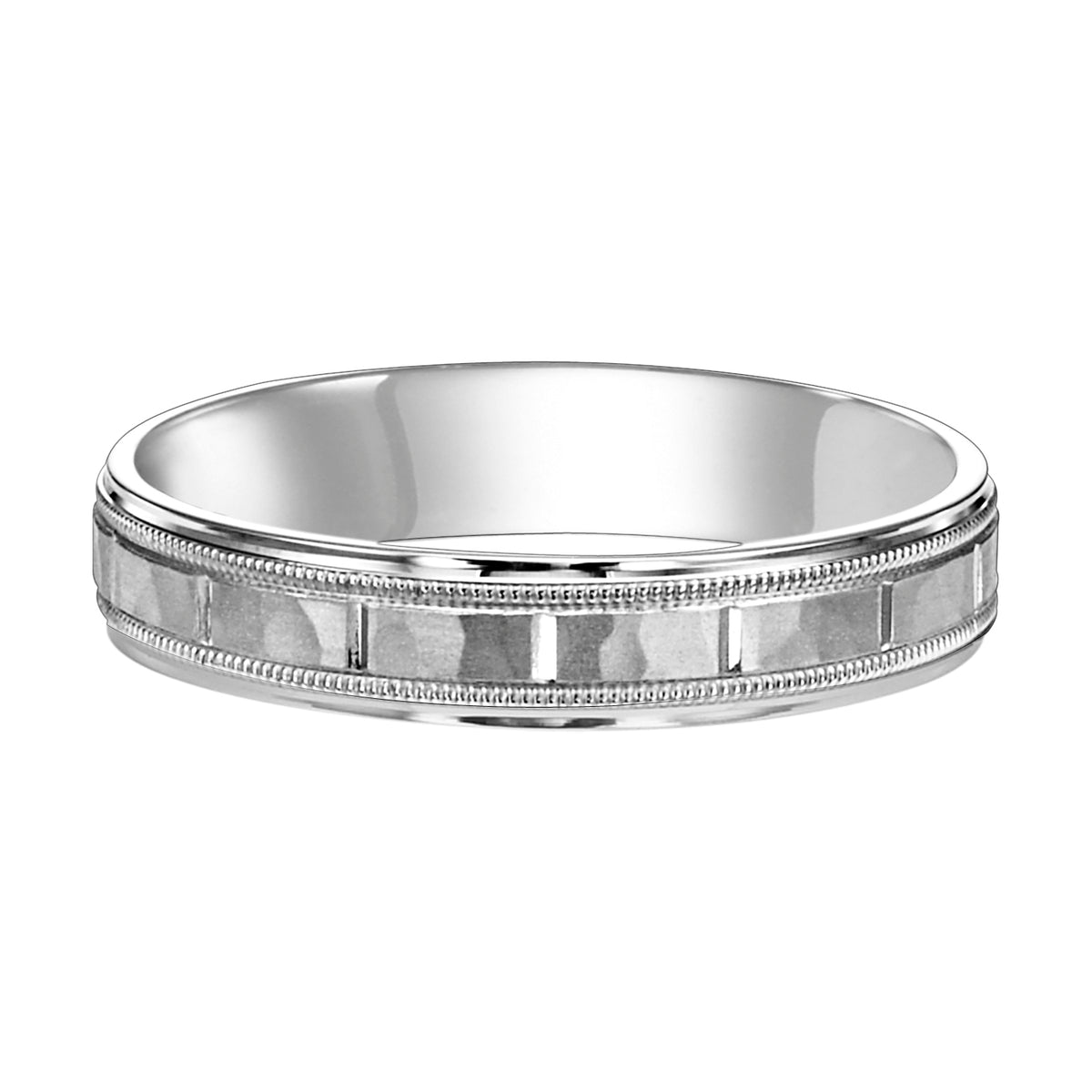 This Comfort Fit wedding band features a satin hammer finish with vertical cuts and milgrain for a modern fusion of traditional details  Please note hand hammered styles will have slight variations due to the nature of the manufacturing process