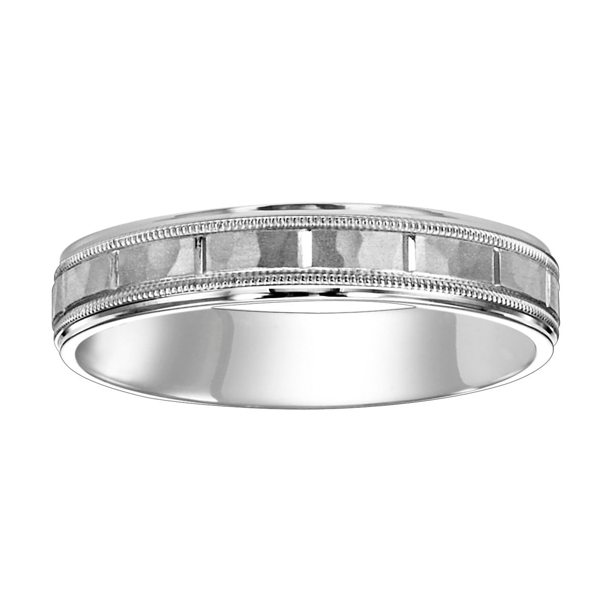 This Comfort Fit wedding band features a satin hammer finish with vertical cuts and milgrain for a modern fusion of traditional details  Please note hand hammered styles will have slight variations due to the nature of the manufacturing process