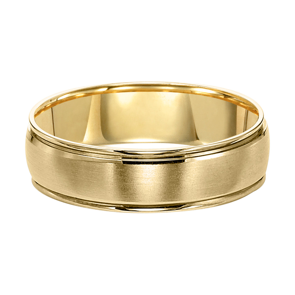 This low-domed style Comfort Fit gold wedding band is enhanced with a brushed finish and round edges for a spectacular look