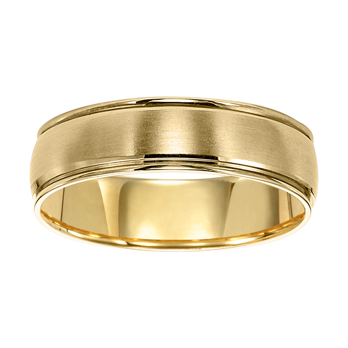 This low-domed style Comfort Fit gold wedding band is enhanced with a brushed finish and round edges for a spectacular look