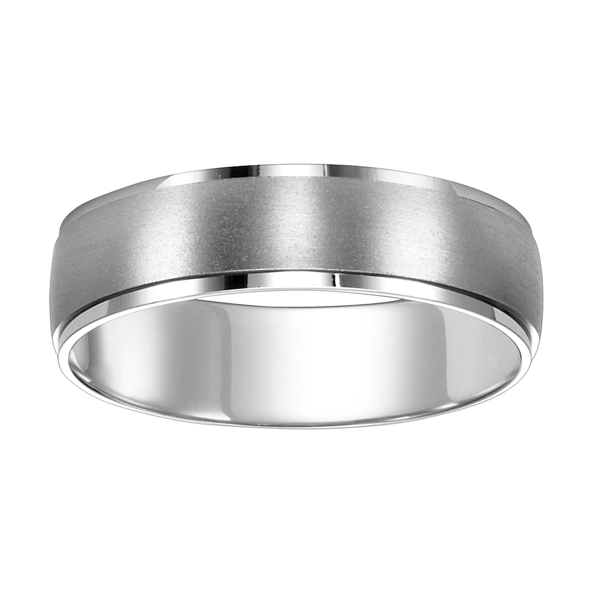 This low-domed style, Comfort Fit wedding band is enhanced with a brushed finish and flat edges for a stylish look
