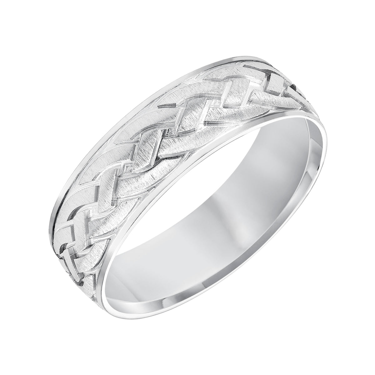 Featuring a satin finished rope motif design, this low-domed style, Comfort Fit wedding band is understated yet distinct