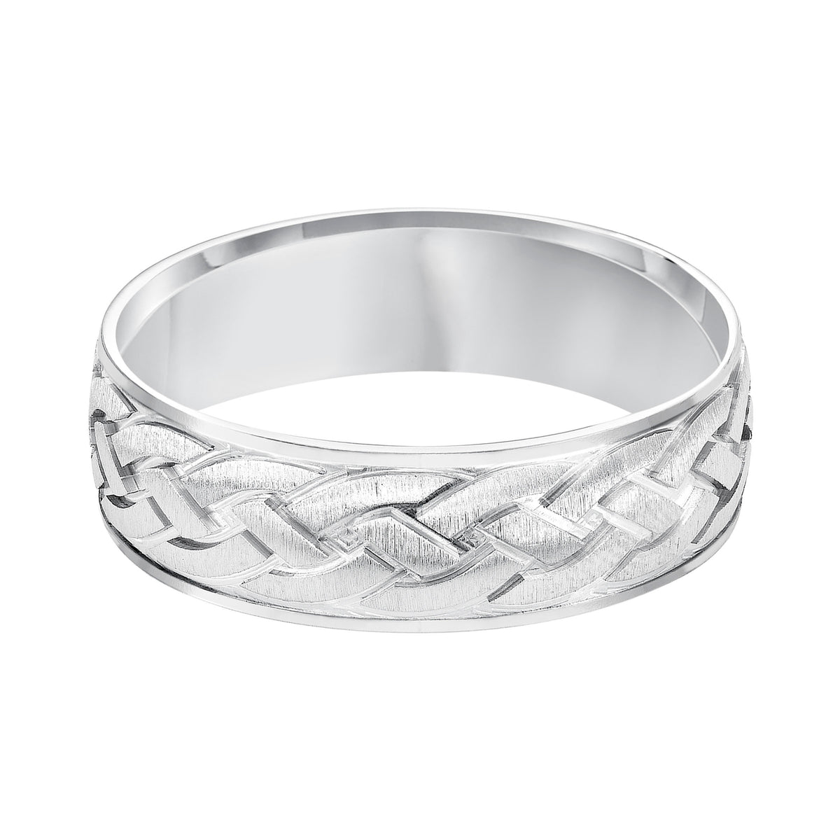 Featuring a satin finished rope motif design, this low-domed style, Comfort Fit wedding band is understated yet distinct