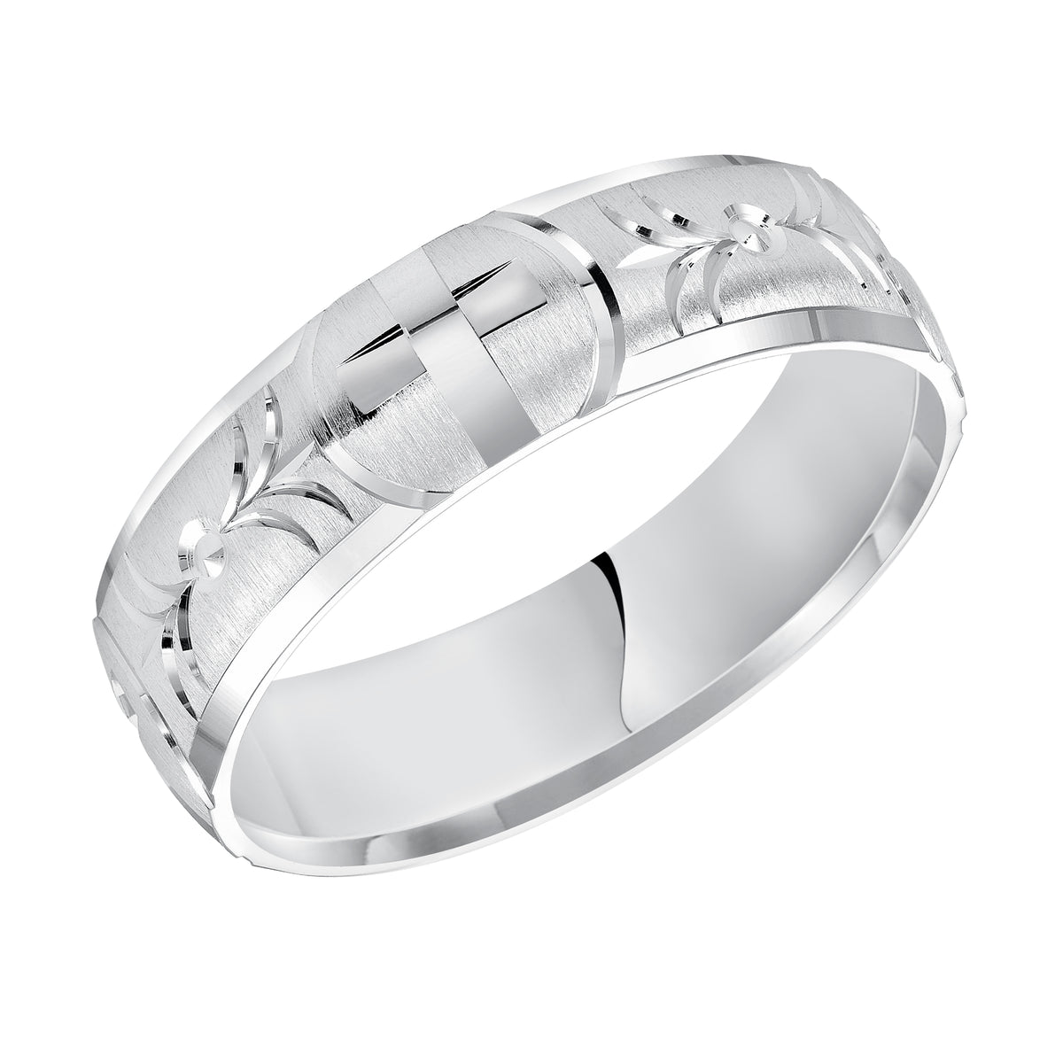 Featuring a Swiss cut and cross design with satin finish, this low-domed style, Comfort Fit wedding band is unique yet timeless