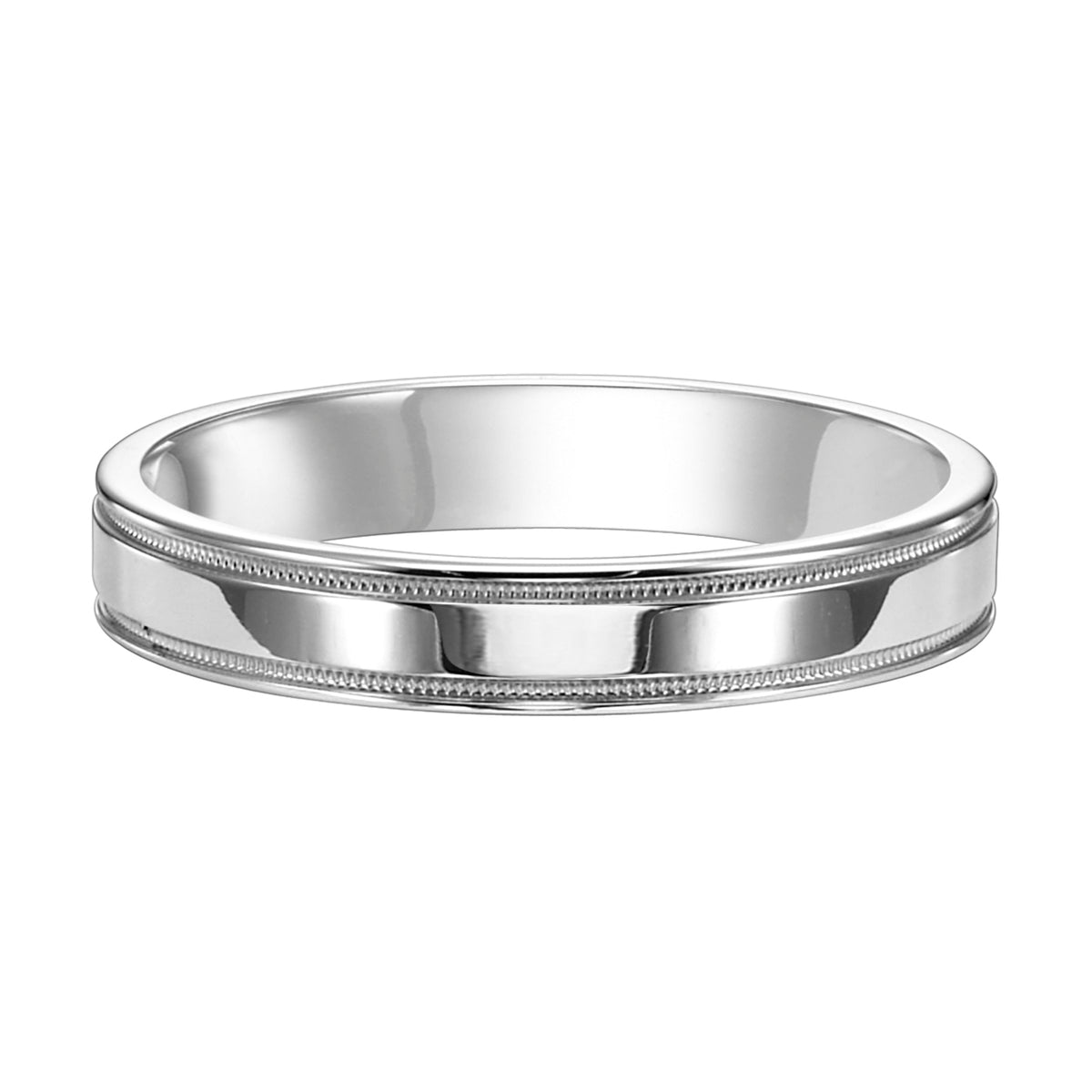 Comfort fit wedding band with bright finish, milgrain and round edges.