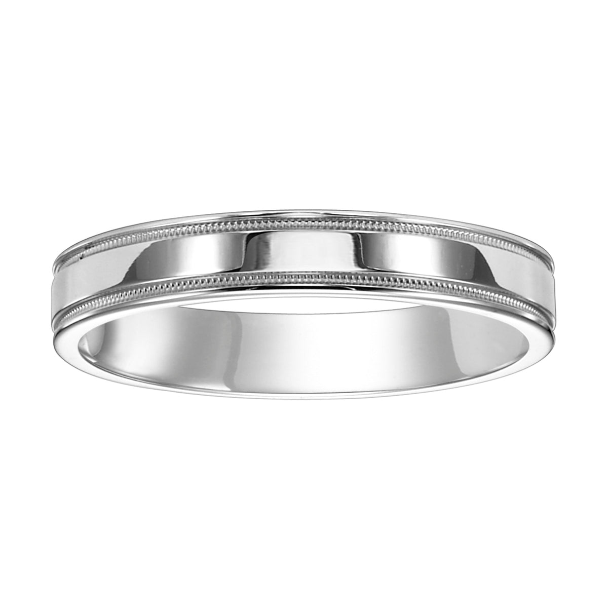Comfort fit wedding band with bright finish, milgrain and round edges.