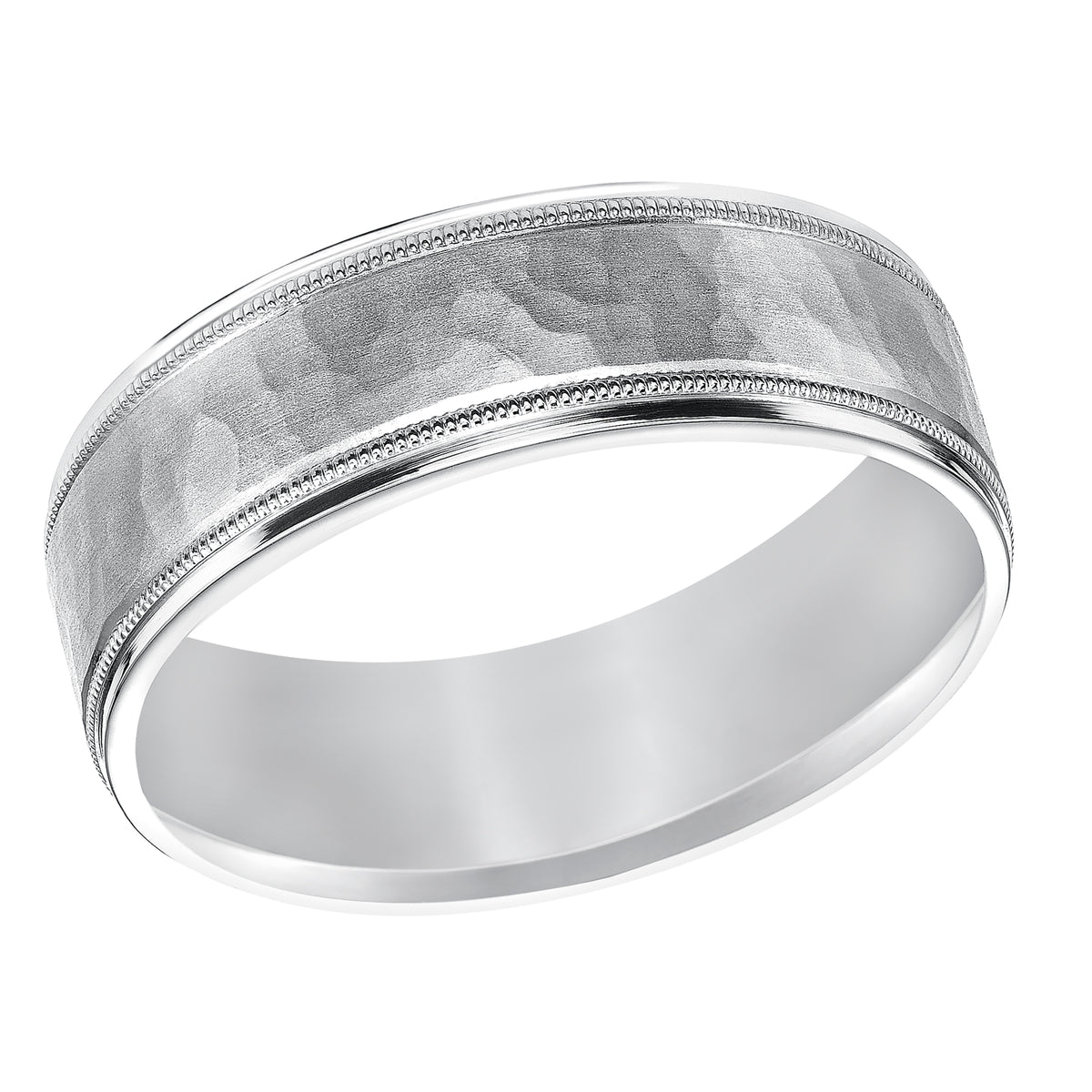 Comfort fit wedding band with brushed hammered finish and flat edges Please note hand hammered styles will have slight variations due to the nature of the manufacturing process