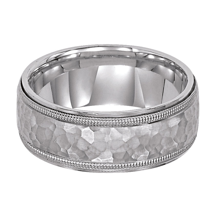 Comfort fit wedding band with brushed hammered finish and flat edges Please note hand hammered styles will have slight variations due to the nature of the manufacturing process