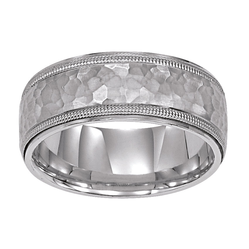 Comfort fit wedding band with brushed hammered finish and flat edges Please note hand hammered styles will have slight variations due to the nature of the manufacturing process