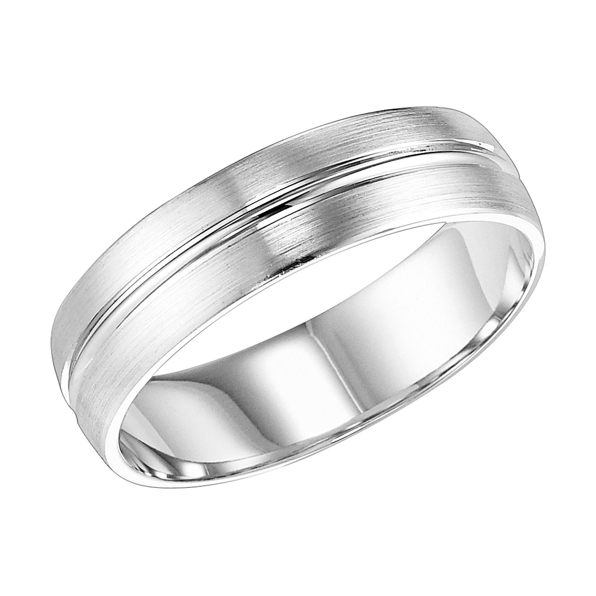 Comfort fit wedding band with satin finish and subtle beveled edges.