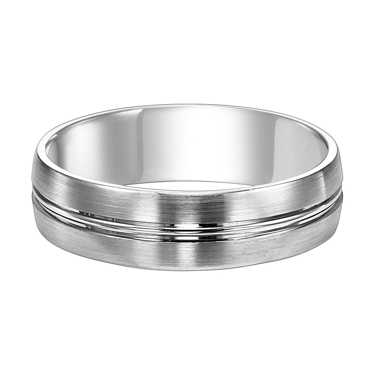 Comfort fit wedding band with satin finish and subtle beveled edges.