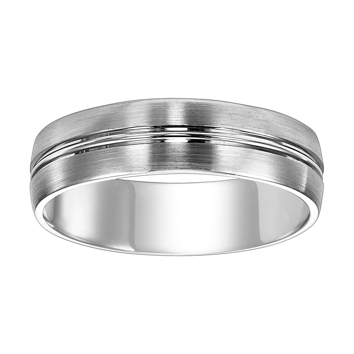 Comfort fit wedding band with satin finish and subtle beveled edges.