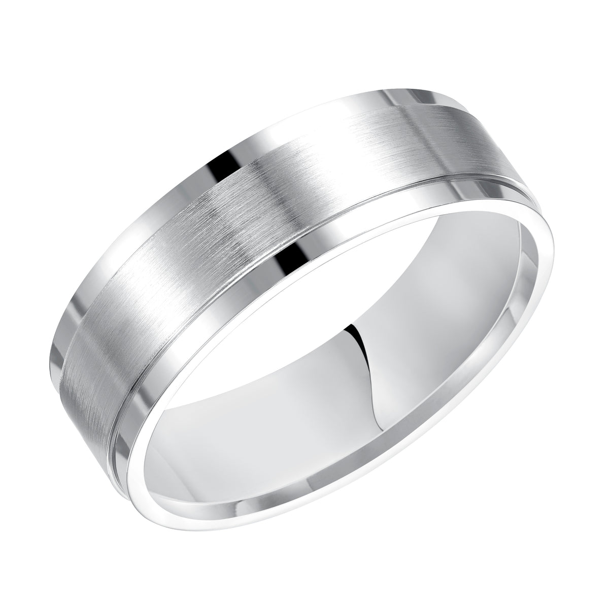 Comfort fit wedding band with satin finish and stepped edges.