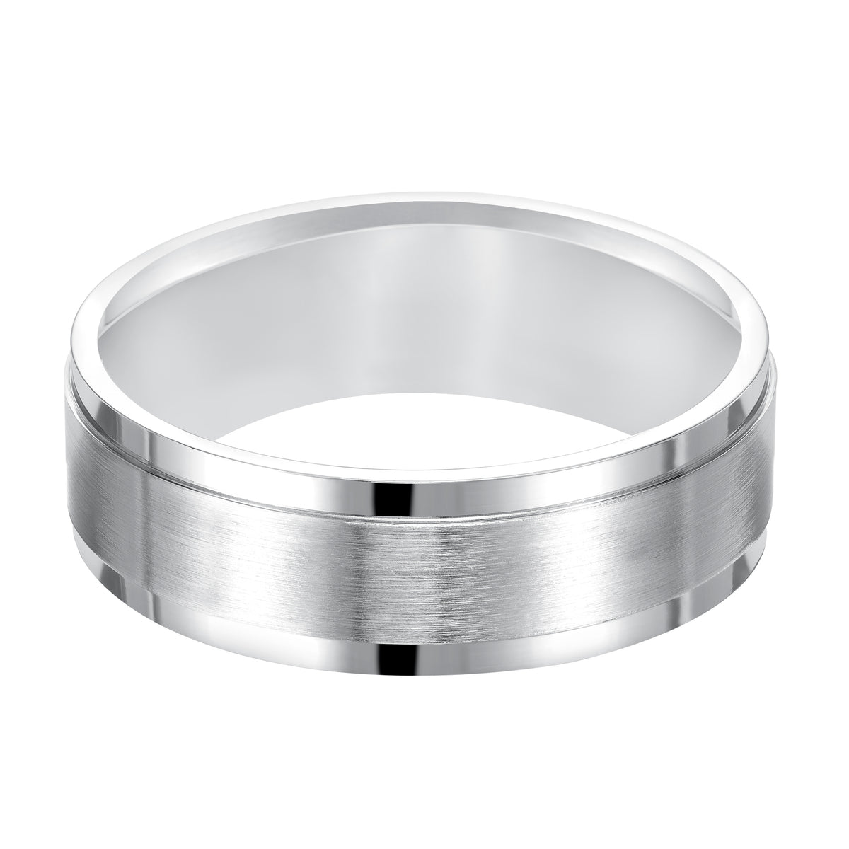 Comfort fit wedding band with satin finish and stepped edges.