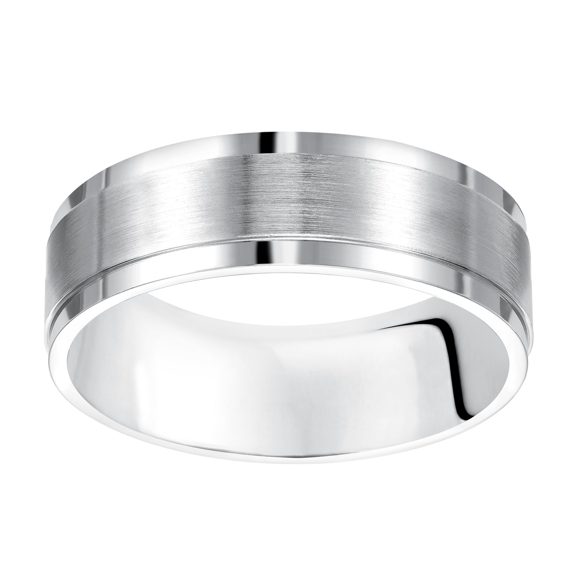 Comfort fit wedding band with satin finish and stepped edges.