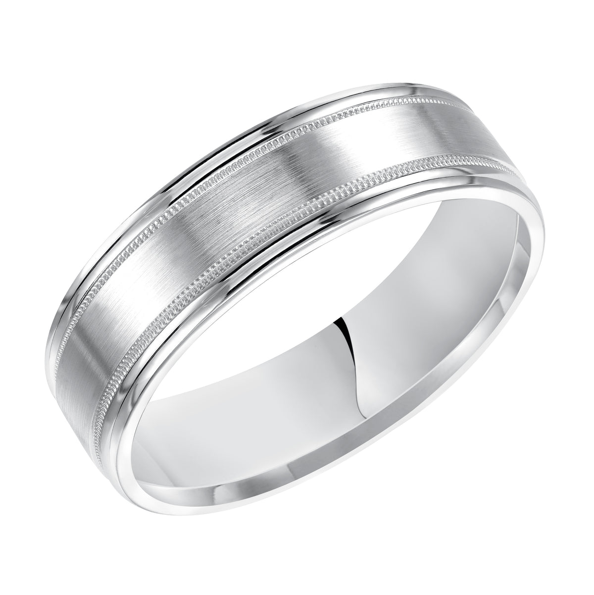 Comfort fit wedding band with satin finish, milgrain and flat edges.