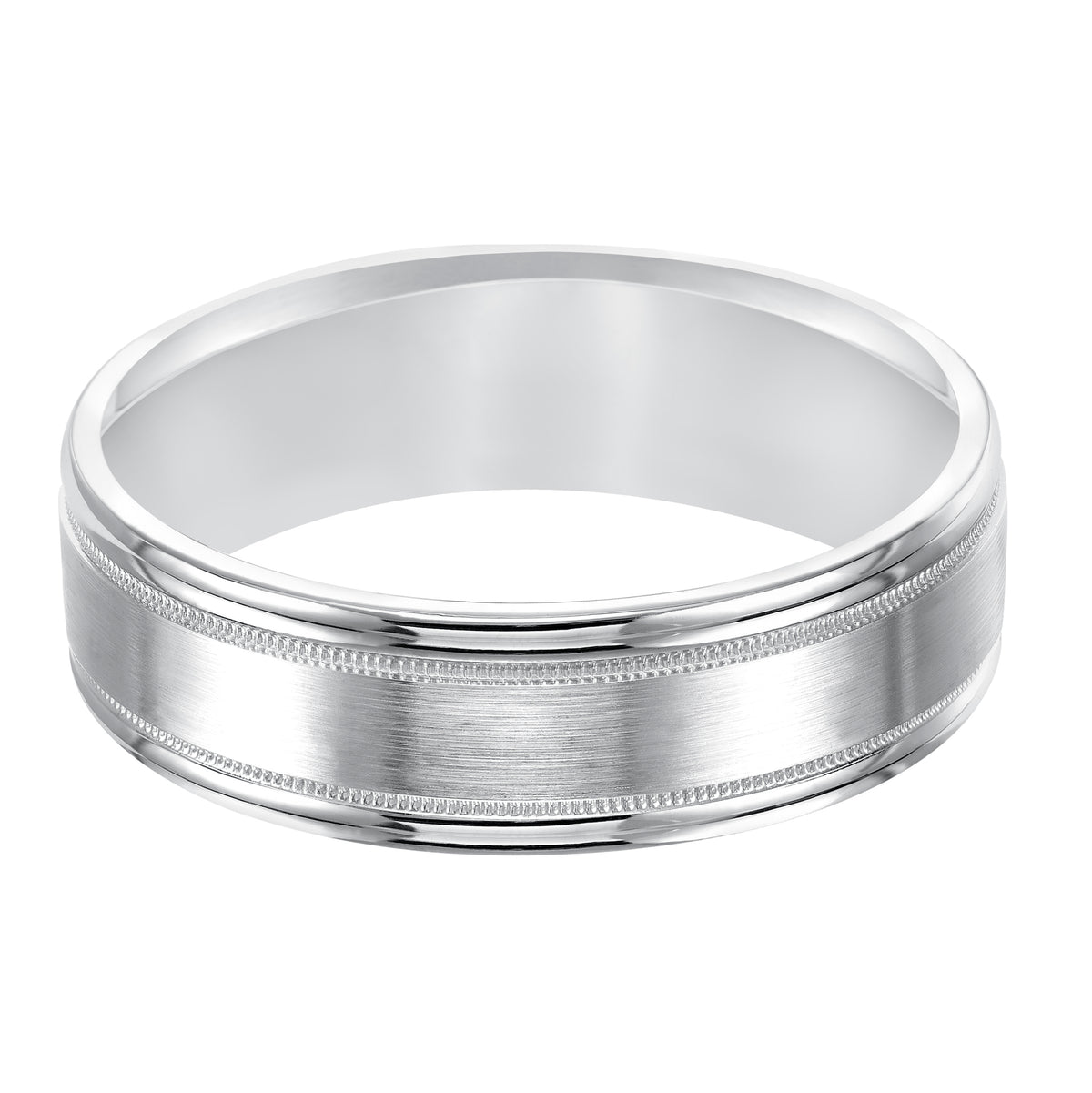 Comfort fit wedding band with satin finish, milgrain and flat edges.
