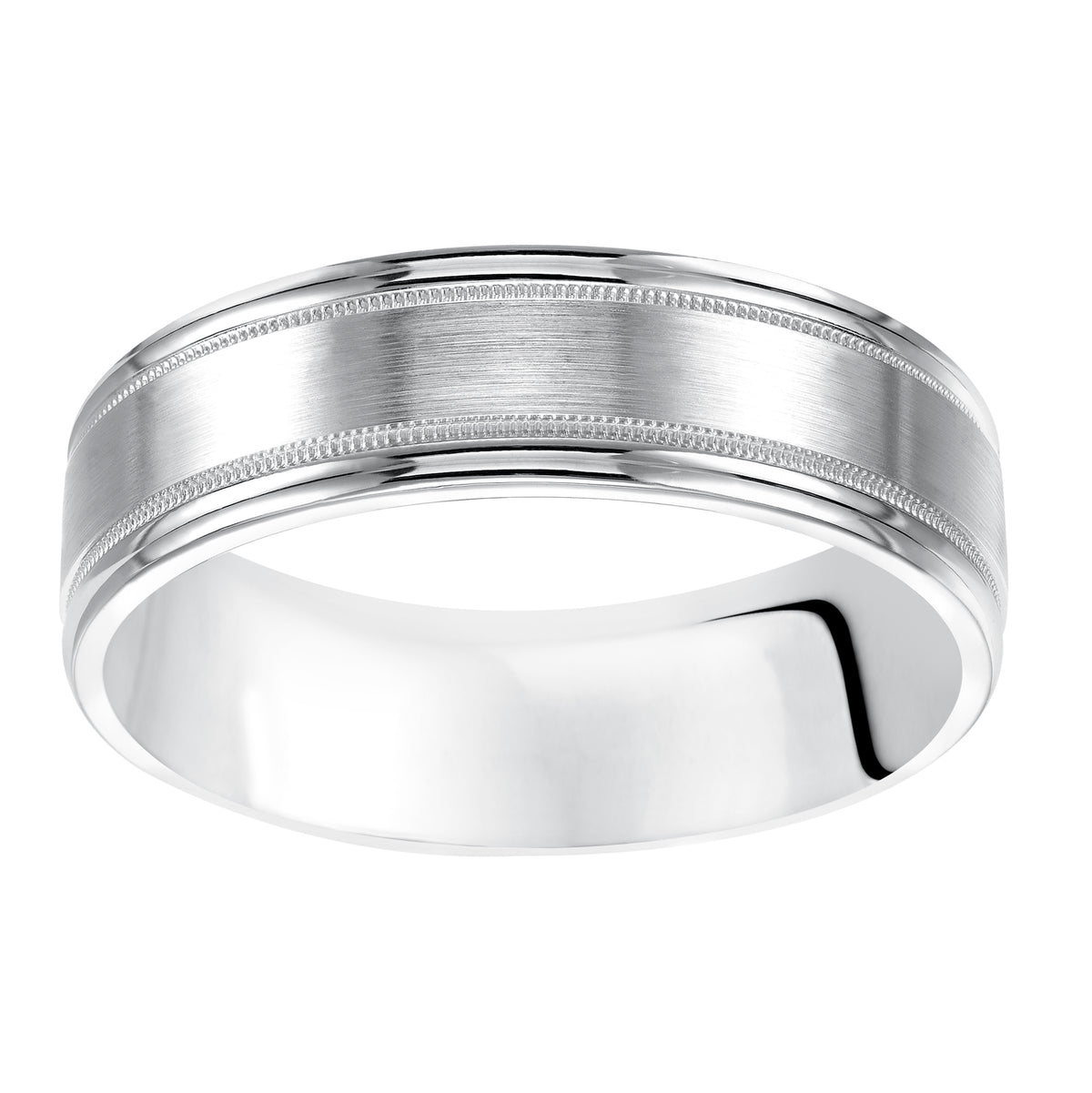 Comfort fit wedding band with satin finish, milgrain and flat edges.