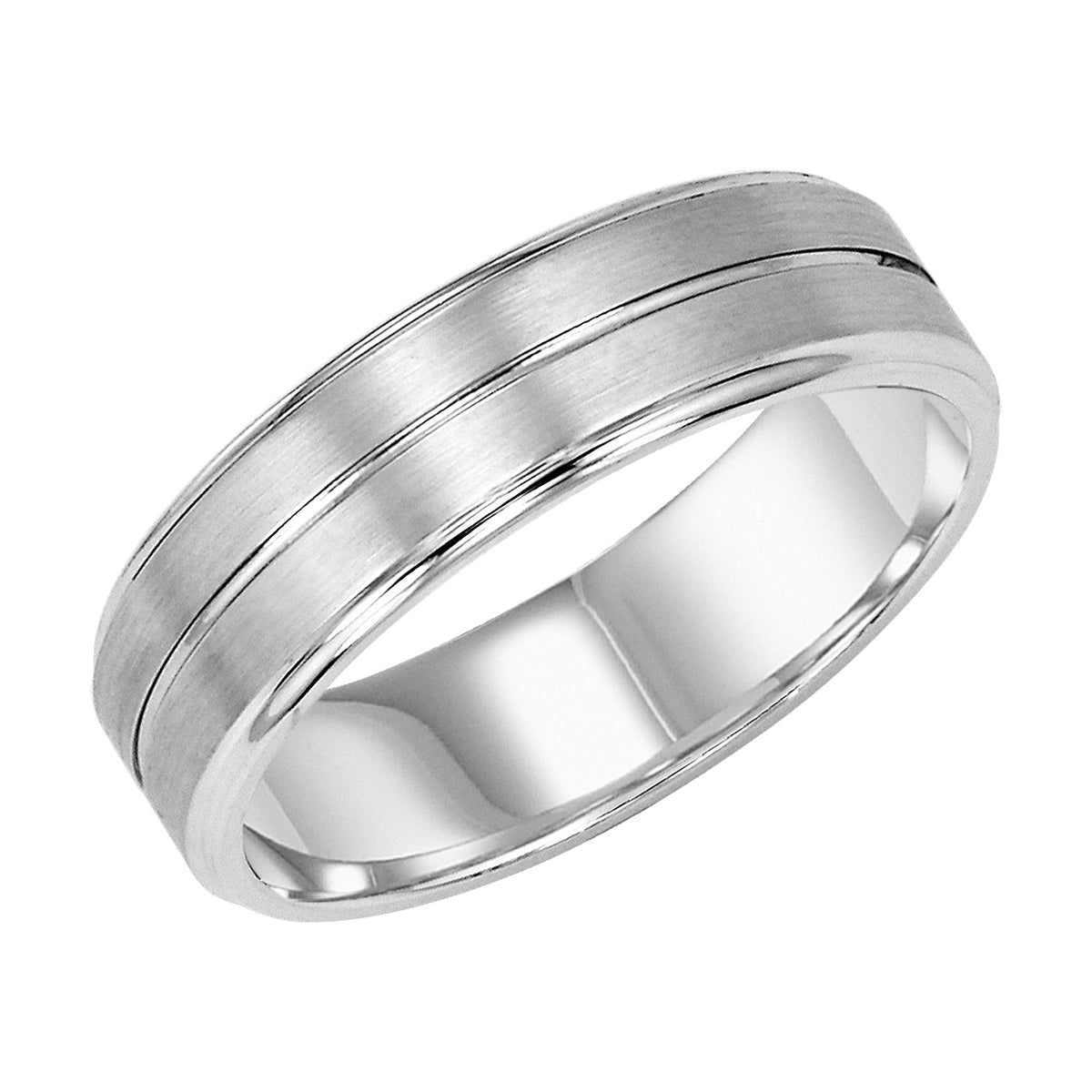 Comfort fit wedding band with bright center line, satin finish and round edges.