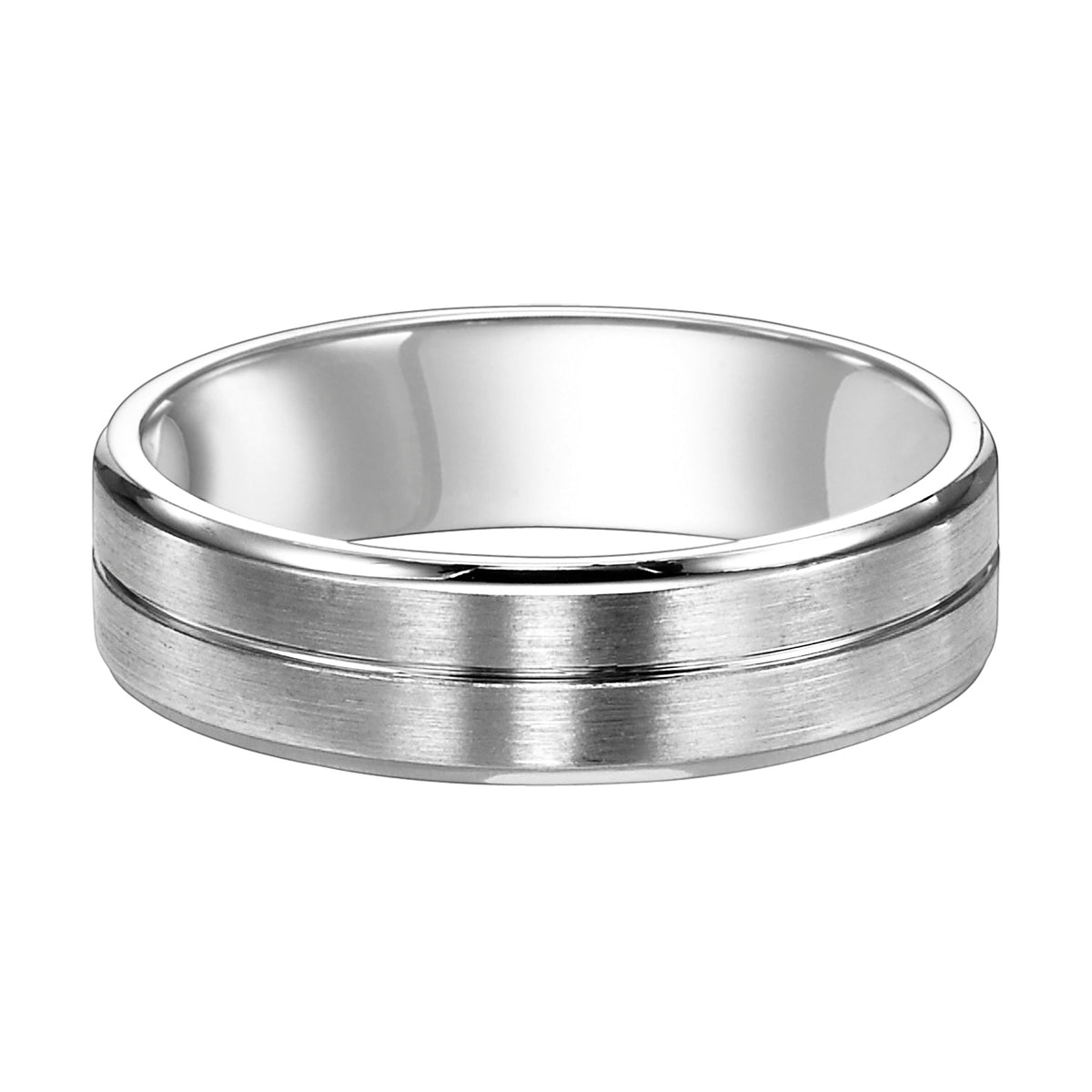 Comfort fit wedding band with bright center line, satin finish and round edges.