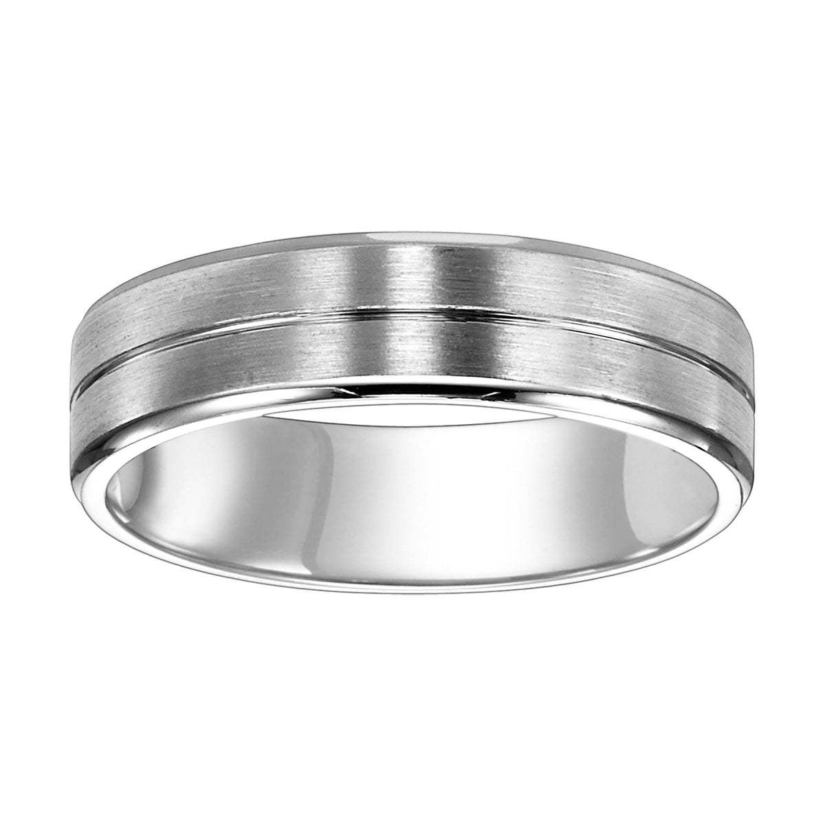 Comfort fit wedding band with bright center line, satin finish and round edges.