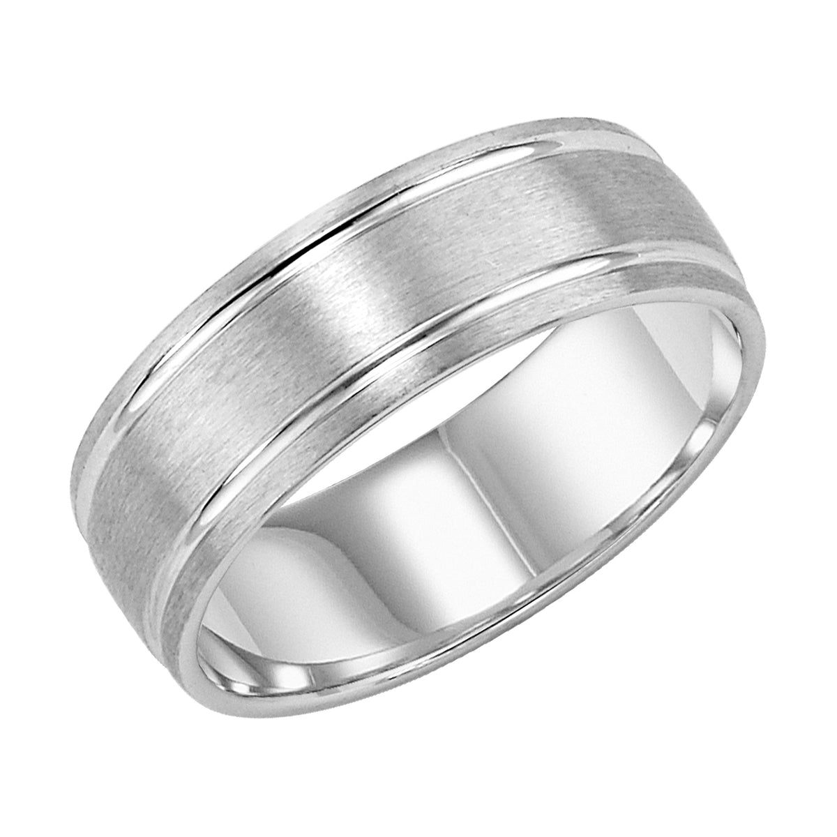 This low-domed style, Comfort Fit wedding band is enhanced with two bright, fine channel accents, a satin finish and round edges for a contemporary classic look