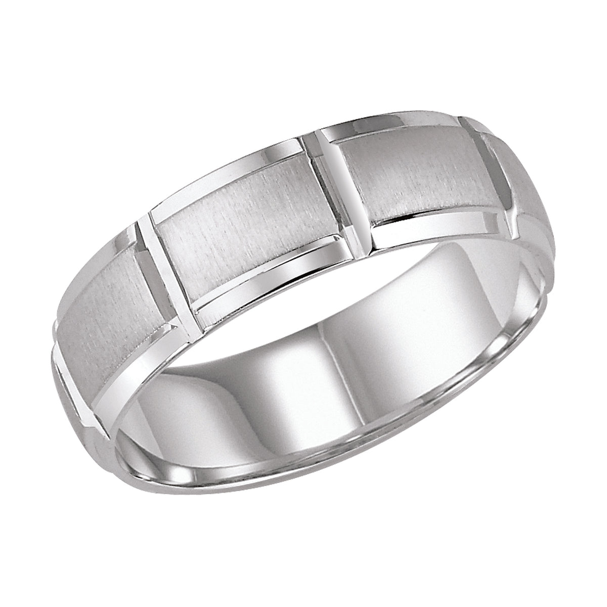 Geometric lines inspired the design of this low-domed style, Comfort Fit wedding band enhanced with a satin finish and beveled edge