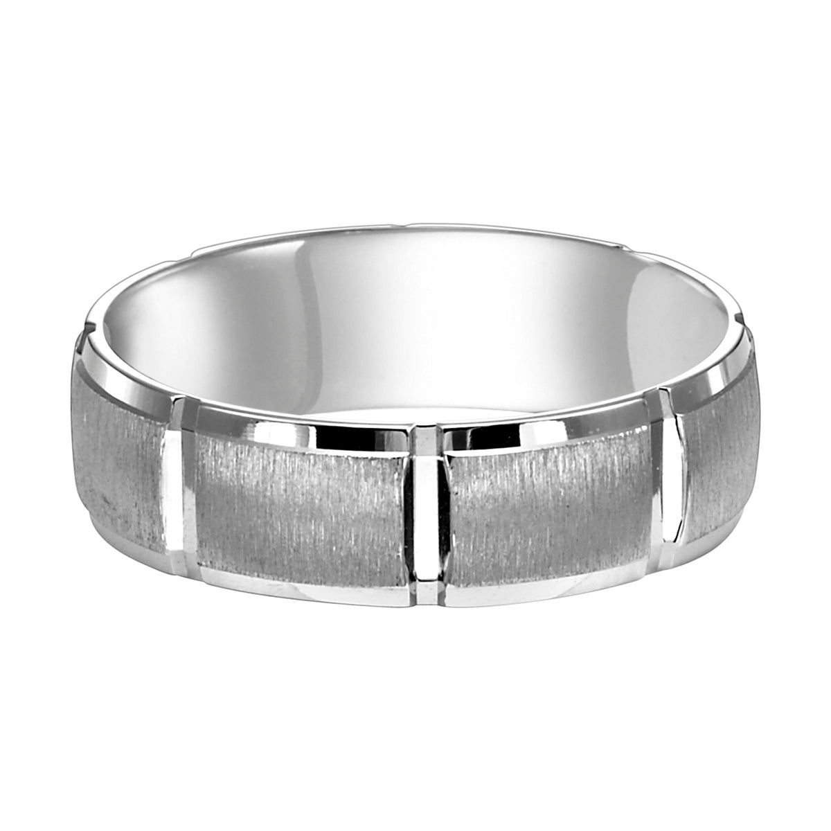 Geometric lines inspired the design of this low-domed style, Comfort Fit wedding band enhanced with a satin finish and beveled edge