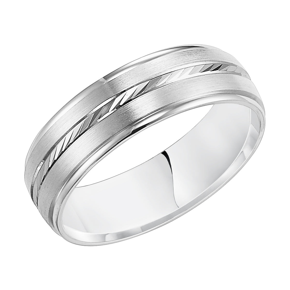 This low-domed styled, Comfort Fit wedding band features a satin finish with a diagonal center cuts and rounded edge for a modern twist on a classic design