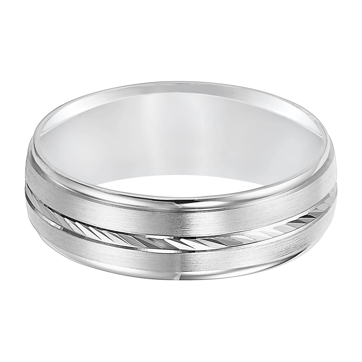 This low-domed styled, Comfort Fit wedding band features a satin finish with a diagonal center cuts and rounded edge for a modern twist on a classic design