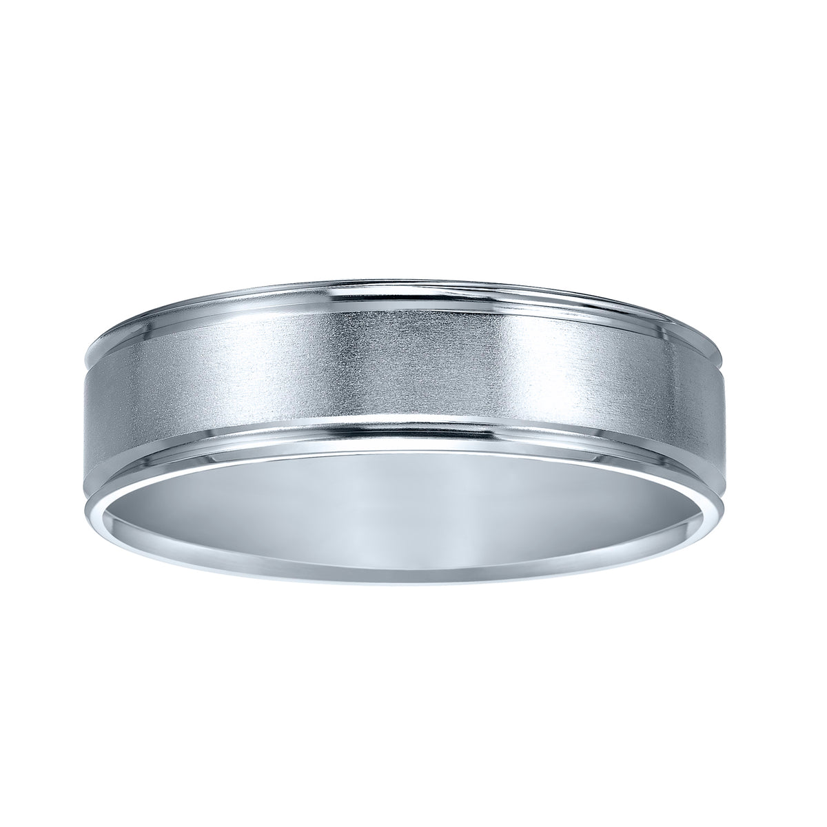 Comfort fit wedding band with brushed finish and beveled edges.