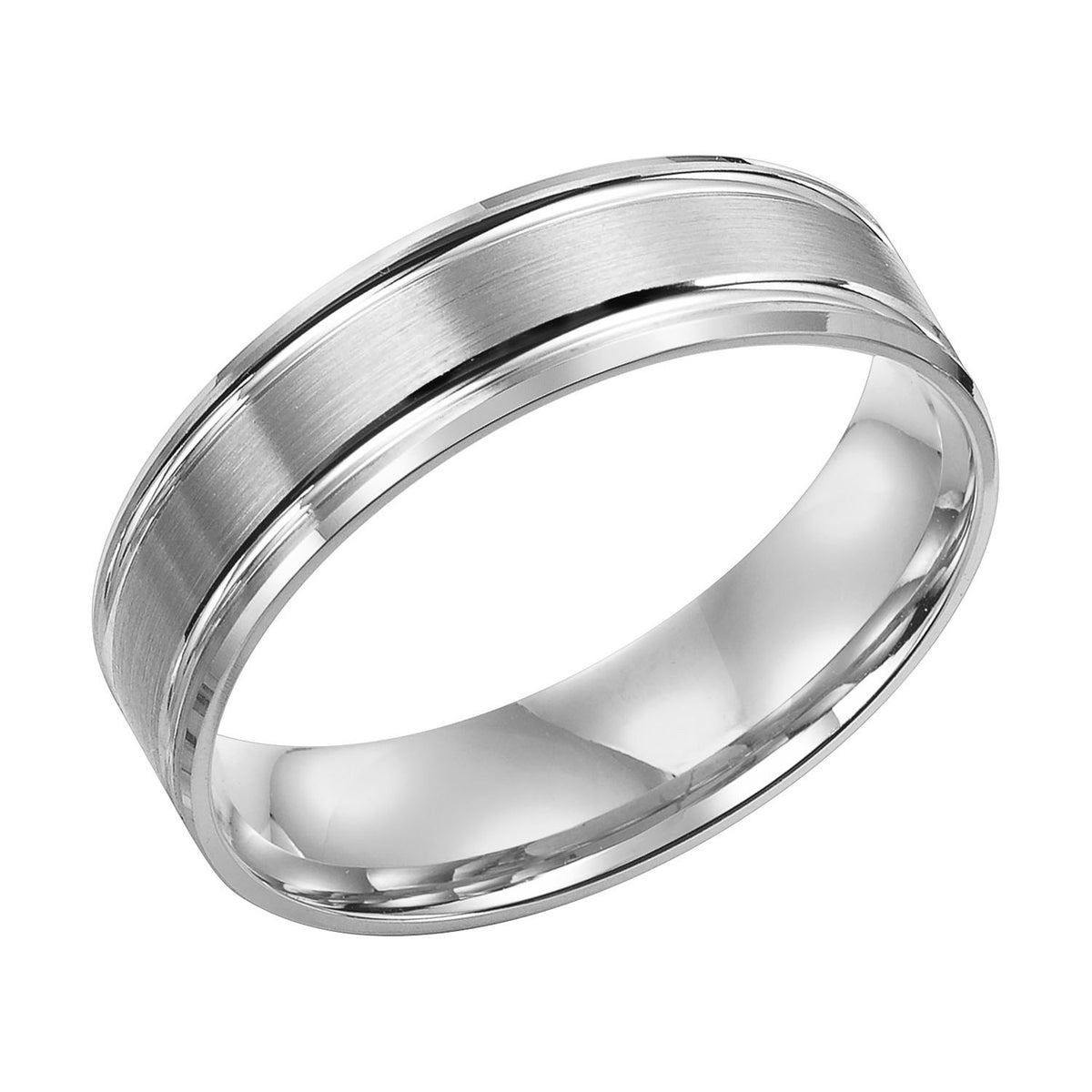 Featuring a two-tone gold, brushed finish with contrasting channels and a stepped edge, this Comfort Fit wedding band is simply luxurious