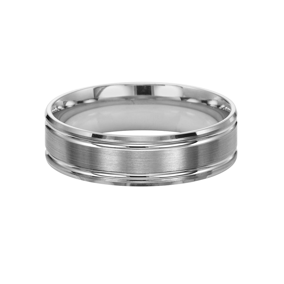Featuring a two-tone gold, brushed finish with contrasting channels and a stepped edge, this Comfort Fit wedding band is simply luxurious