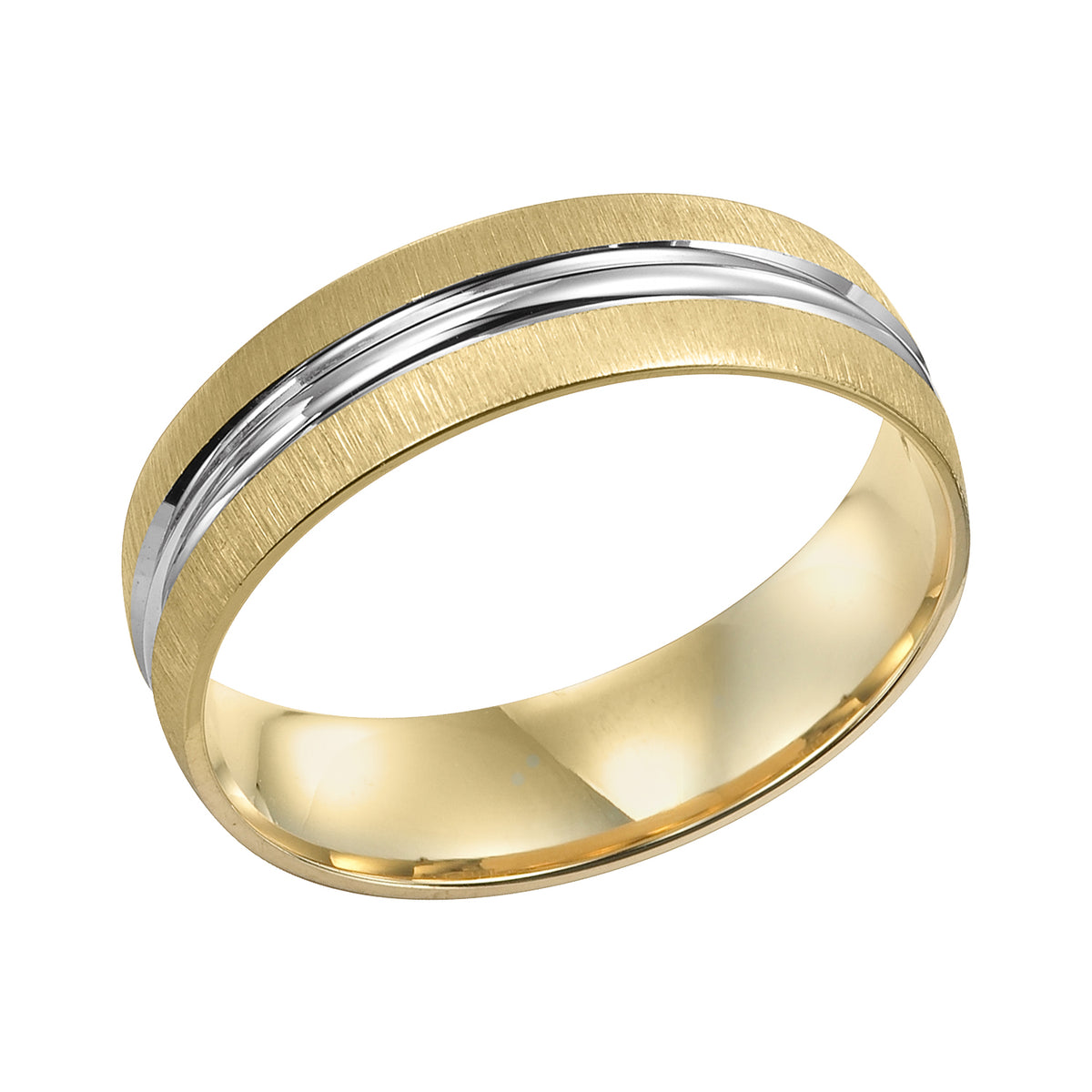 A modern take on a traditional design: this Comfort Fit, two-tone gold wedding band features a satin finish with bright channels and flat edges to complete this look