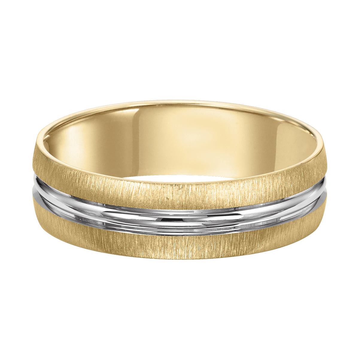 A modern take on a traditional design: this Comfort Fit, two-tone gold wedding band features a satin finish with bright channels and flat edges to complete this look