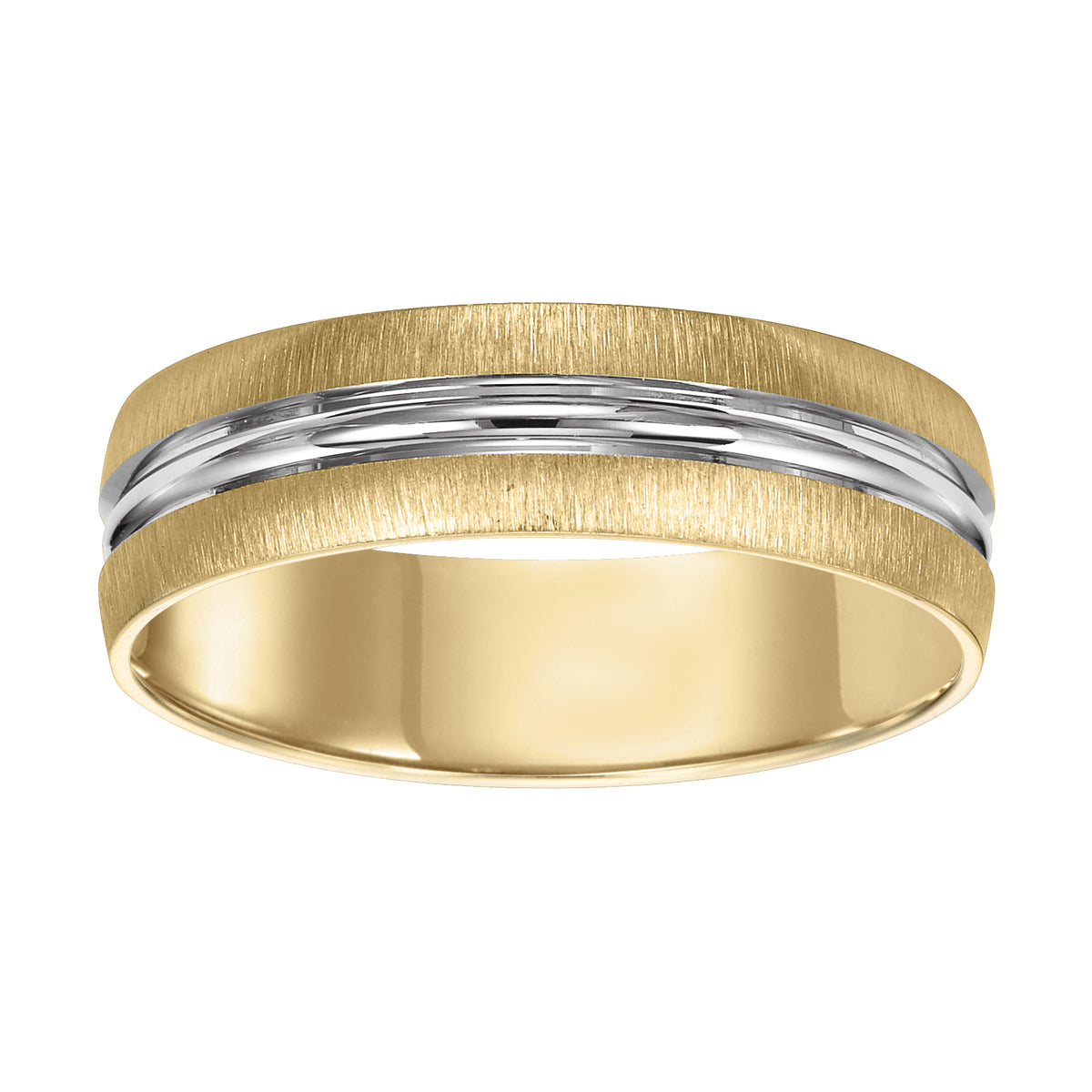A modern take on a traditional design: this Comfort Fit, two-tone gold wedding band features a satin finish with bright channels and flat edges to complete this look