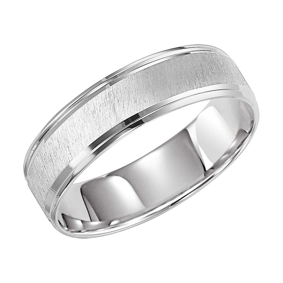 This Comfort Fit wedding band features a diagonal satin finish with stepped edge offering a refreshing look that will last a lifetime
