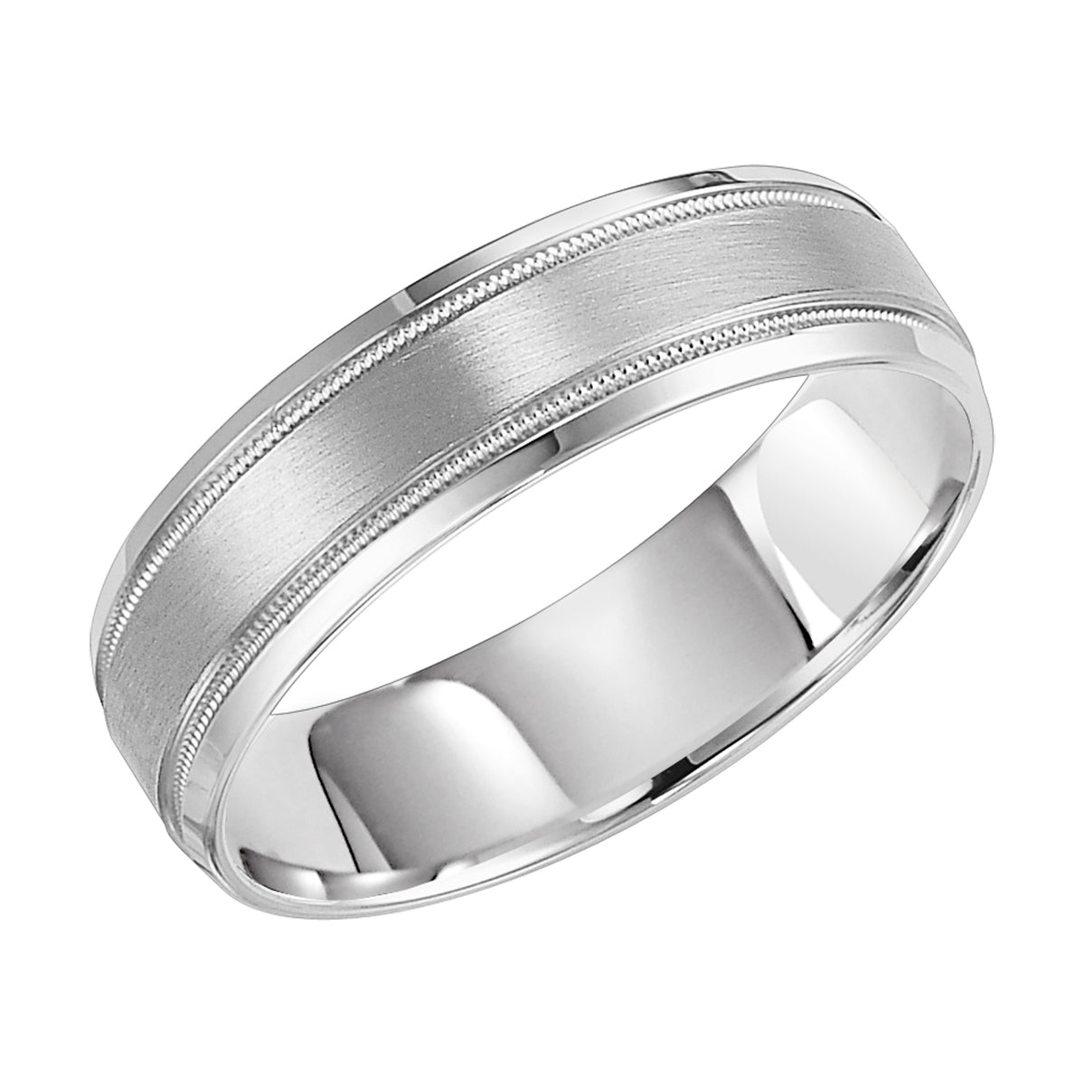 Featuring a flat satin finish with milgrain and a beveled edge, this Comfort Fit, wedding band is truly noble in design