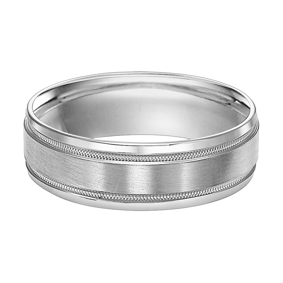 Featuring a flat satin finish with milgrain and a beveled edge, this Comfort Fit, wedding band is truly noble in design