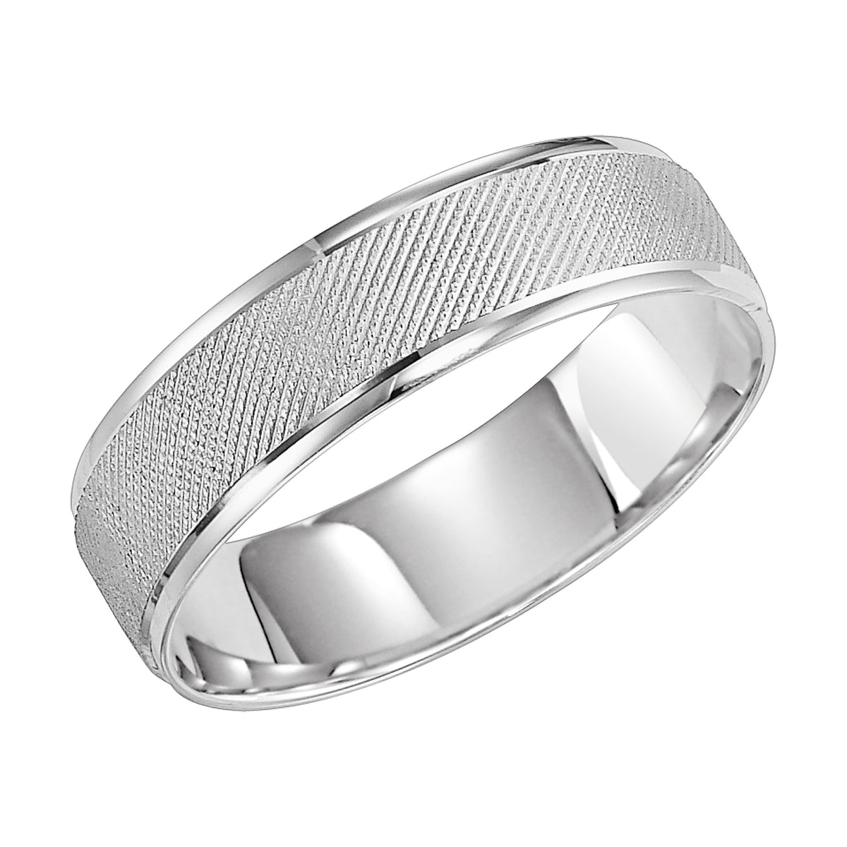Comfort fit, engraved wedding band with soft sand finish and bright, round edges.