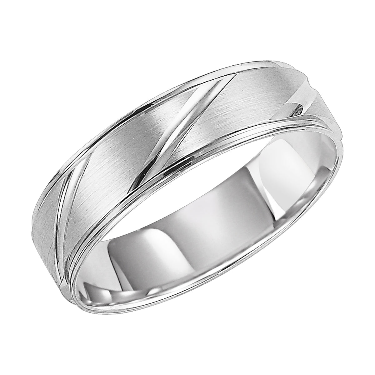 This Comfort Fit, wedding band features a flat, satin finish with modern, diagonal cuts and round edges for a unique look