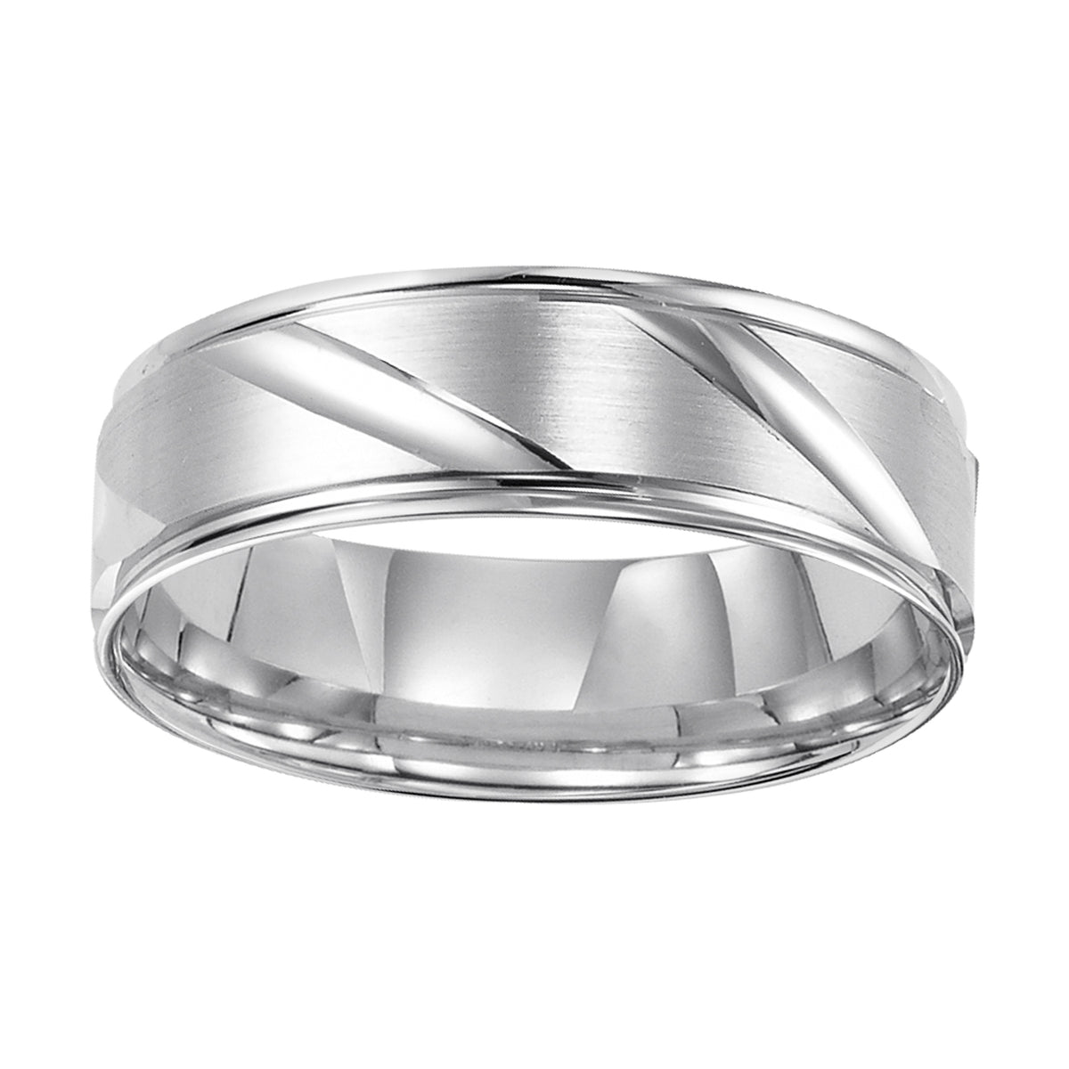 This Comfort Fit, wedding band features a flat, satin finish with modern, diagonal cuts and round edges for a unique look