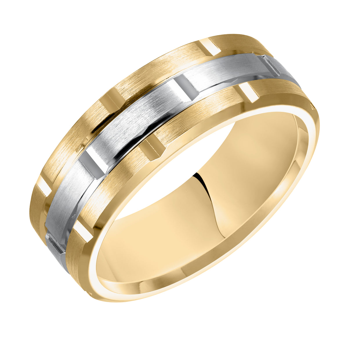 This innovative, matrix-inspired Comfort Fit, wedding band features a flat, satin finish with vertical cuts and a beveled edge