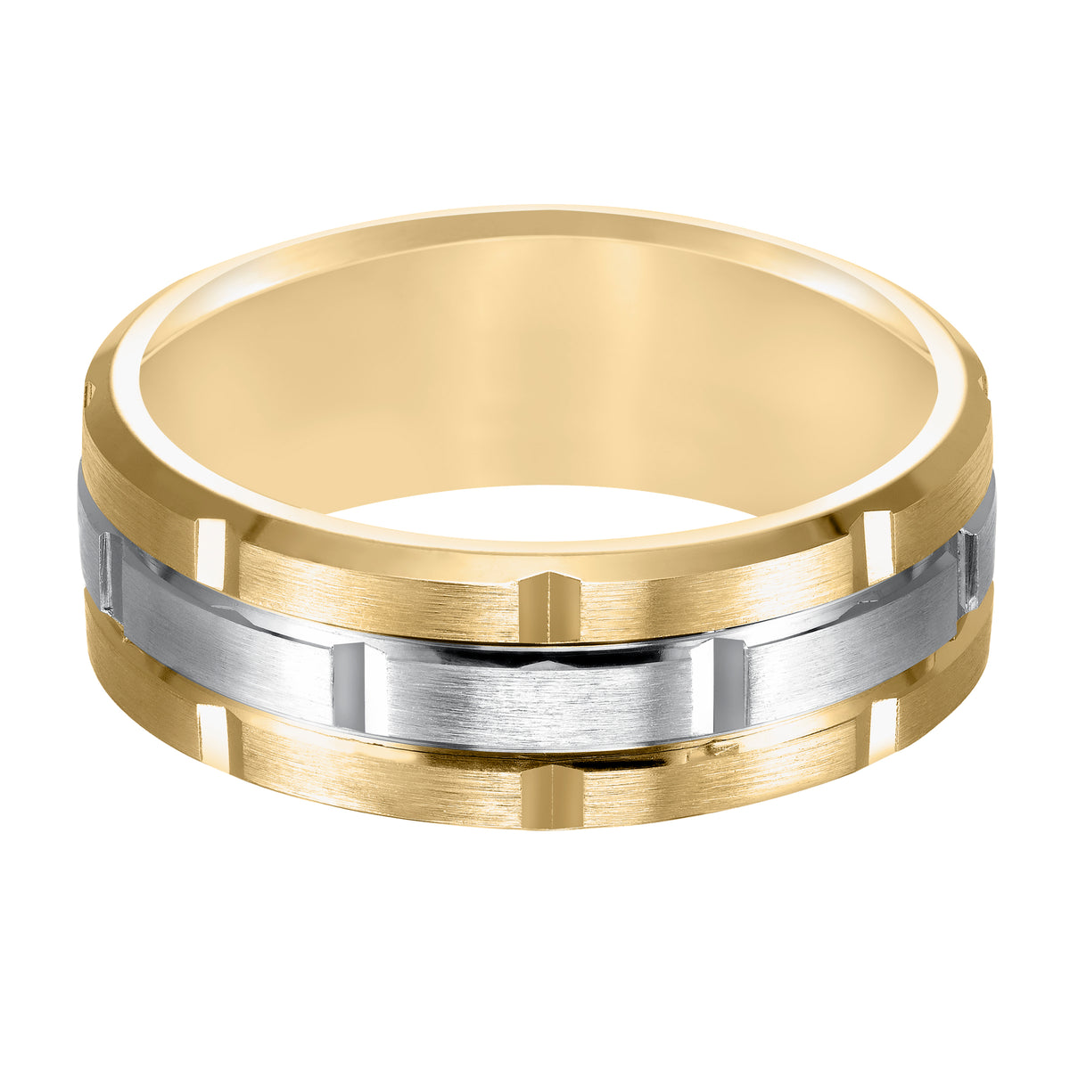 This innovative, matrix-inspired Comfort Fit, wedding band features a flat, satin finish with vertical cuts and a beveled edge