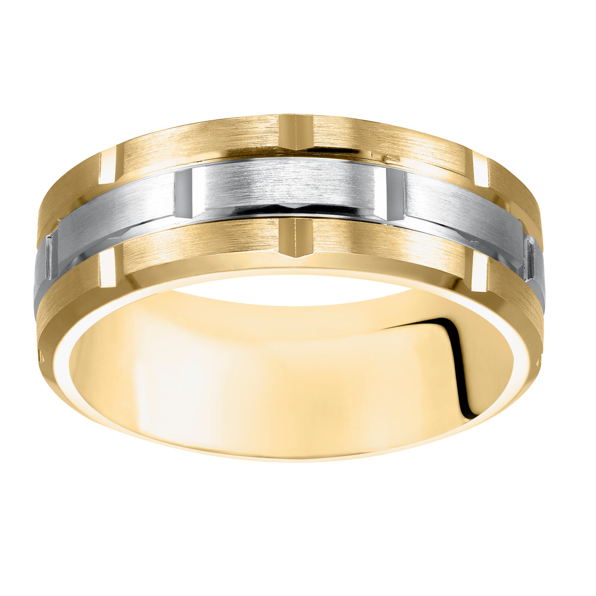 This innovative, matrix-inspired Comfort Fit, wedding band features a flat, satin finish with vertical cuts and a beveled edge