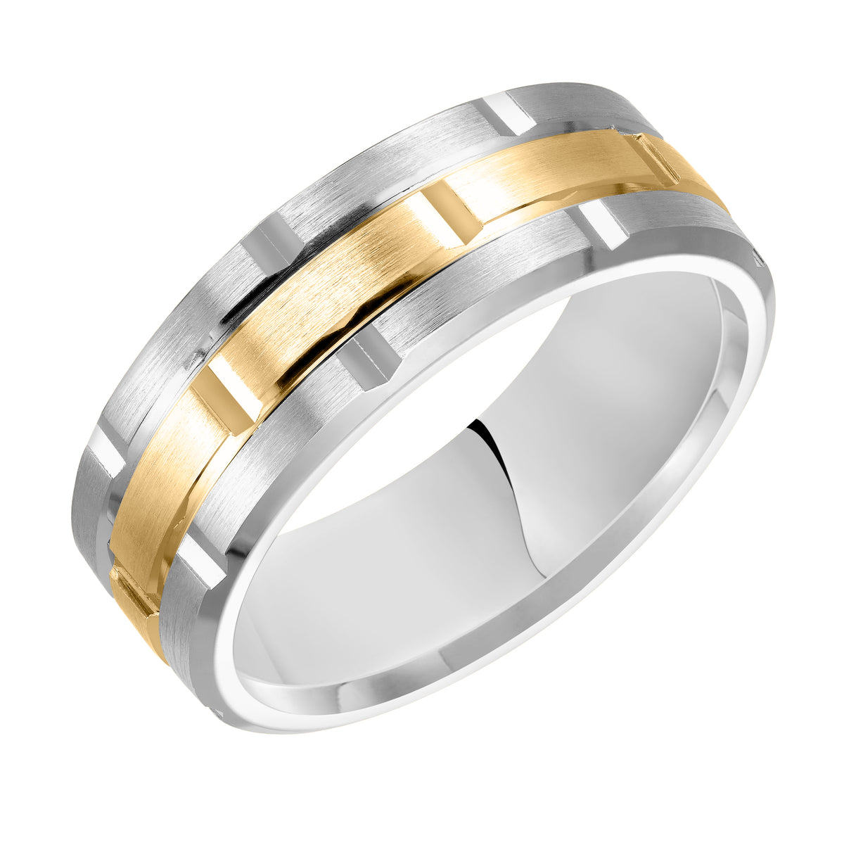 This innovative, matrix-inspired Comfort Fit, wedding band features a flat, satin finish with vertical cuts and a beveled edge